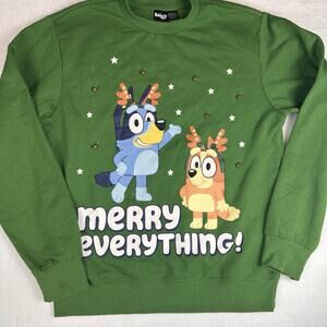 Bluey Merry Everything! Green Graphic Christmas Sweatshirt With Bells Adult S